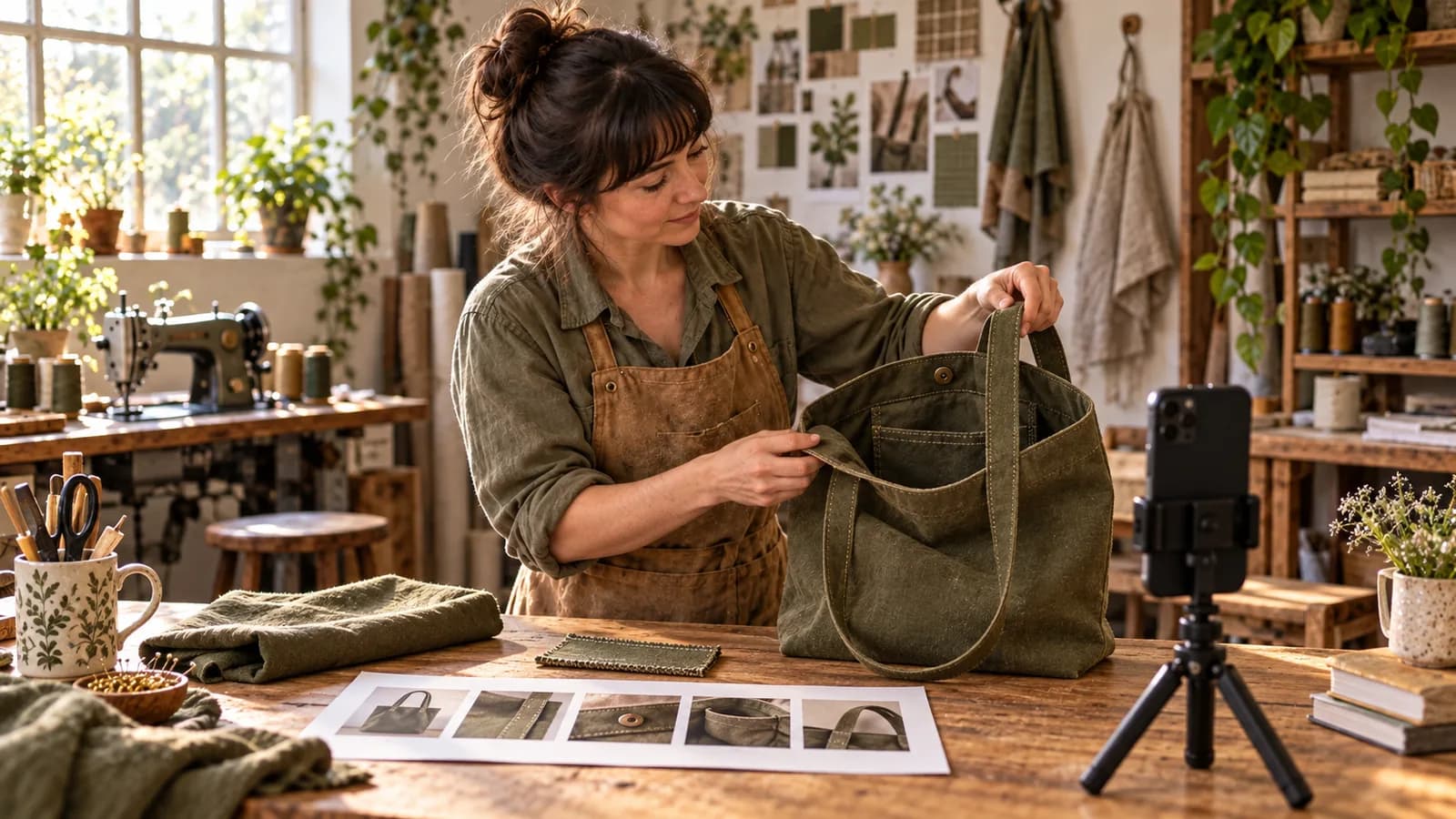 Uma artesã fictícia de camisa verde-oliva mostra o interior de uma bolsa de lona ao lado de um celular e de cinco fotografias de detalhes do produto.