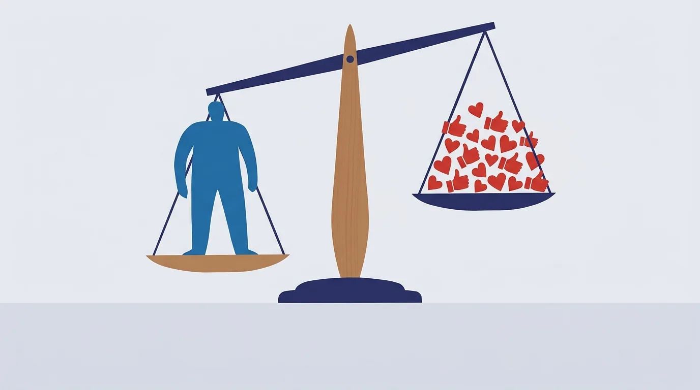 A balance comparing one blue figure with many red thumbs-up symbols.