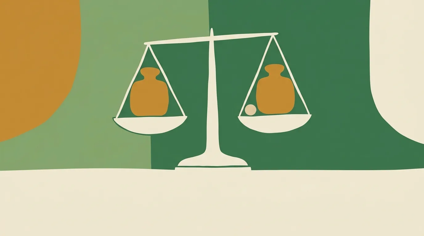 A balanced scale with gold weights on a green background.