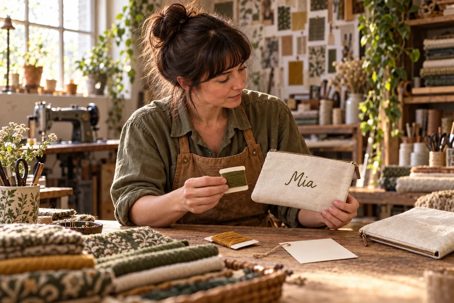 A fictional maker holds a linen pouch embroidered with Mia beside moss and ochre thread samples.