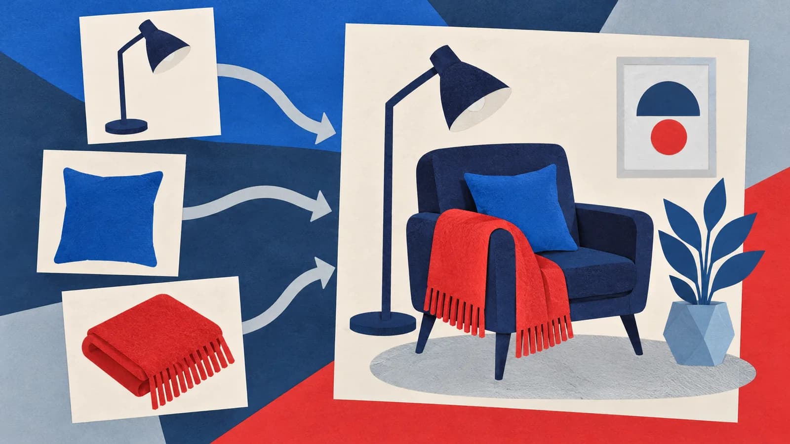 Three cards showing a lamp, blue cushion and red throw connect to a paper collage of the same objects in a reading corner.