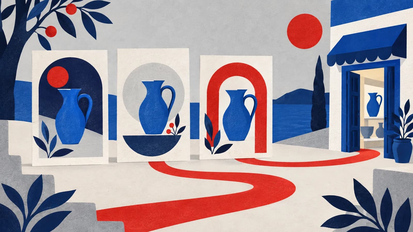 Three illustrated cards show a blue jug, with red paths leading towards a shop displaying the same jug.