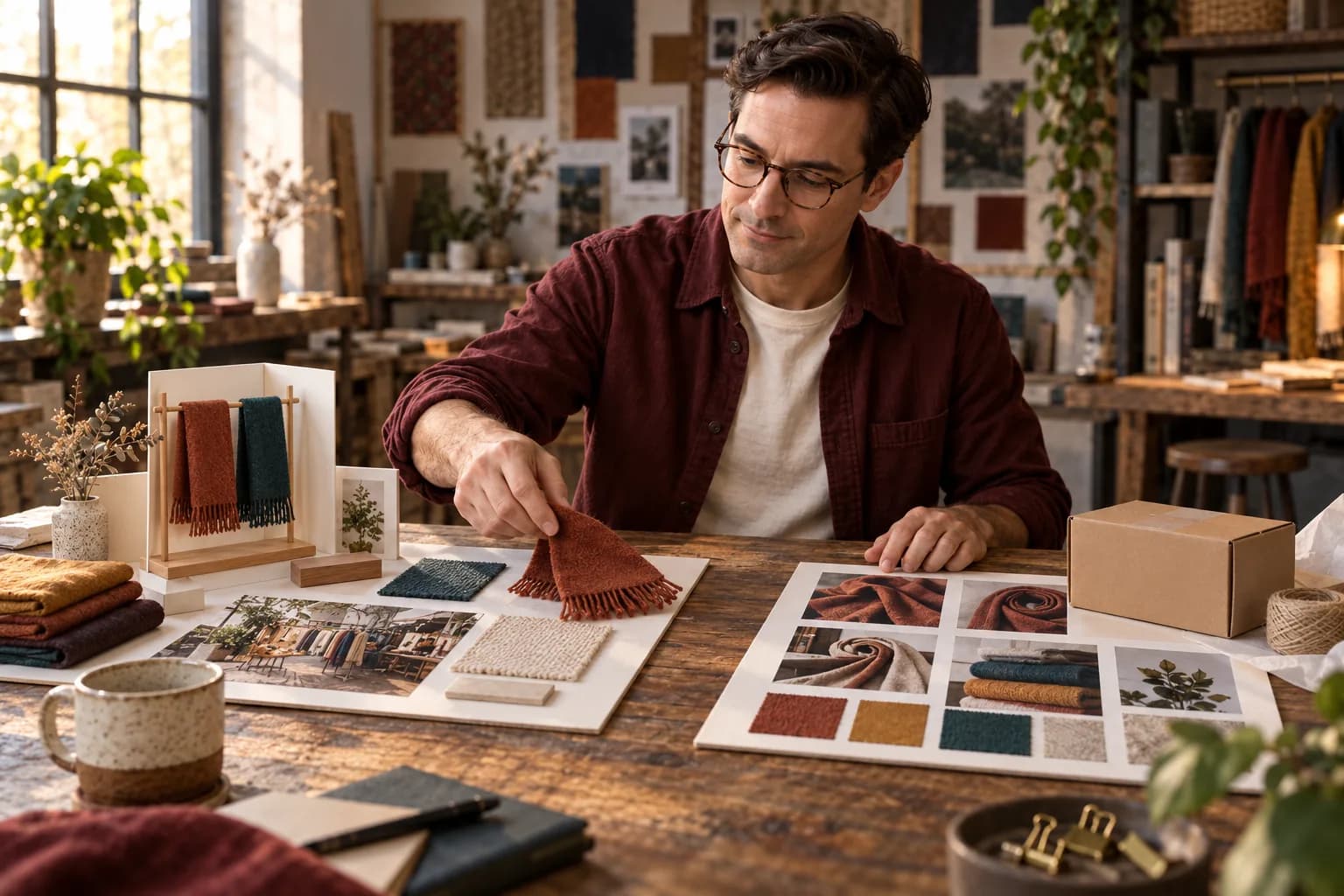 A man in glasses and a burgundy shirt compares scarf samples beside a miniature shop display, product photographs and a shipping box.