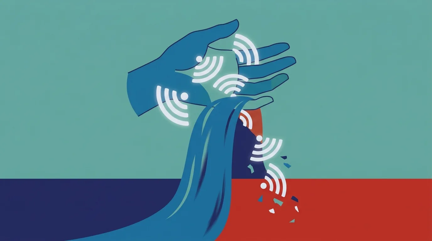 Blue hands surrounded by white signal arcs and red fragments.