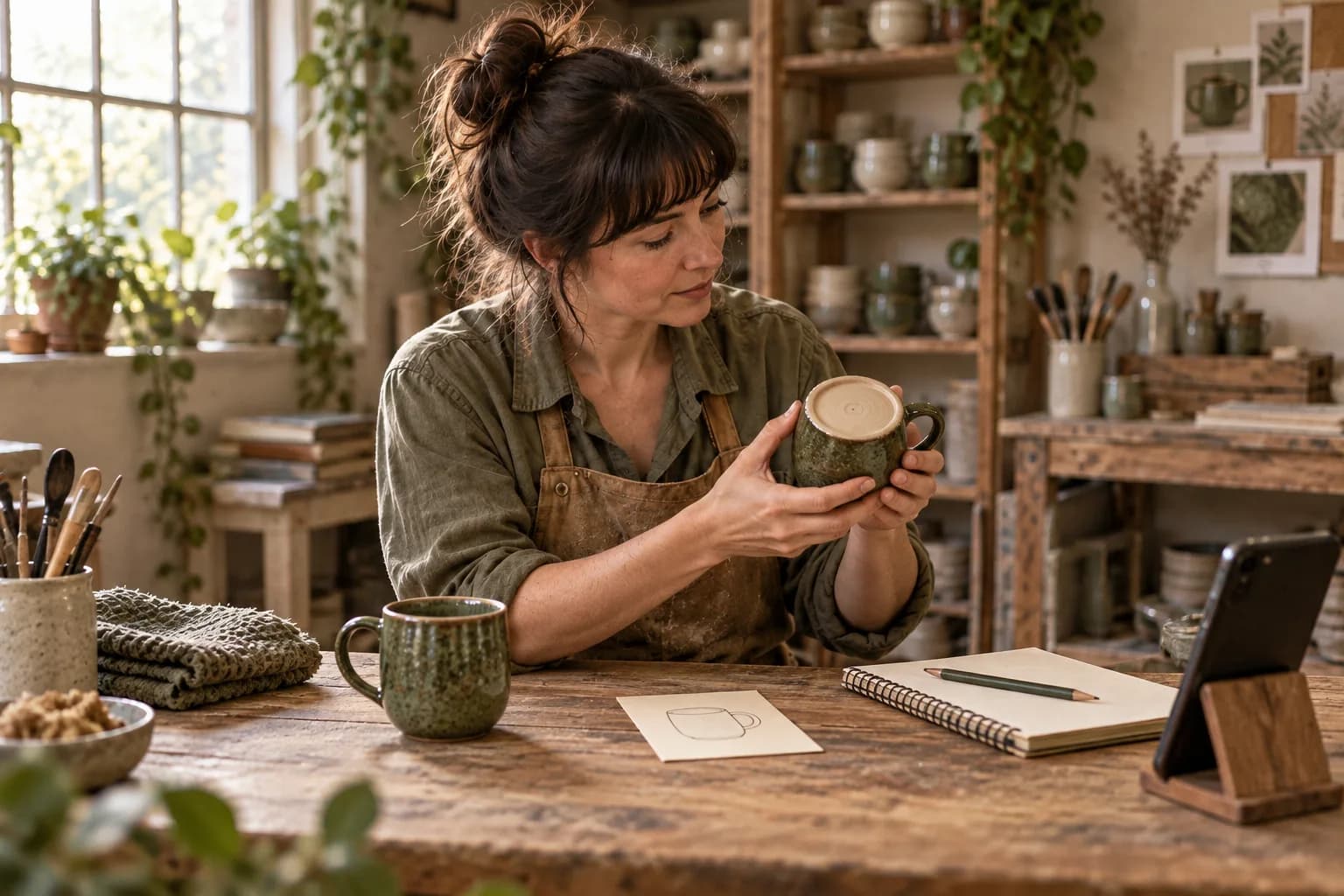 A woman in an olive shirt and tan apron examines the base of a green mug beside a care card and a second mug.