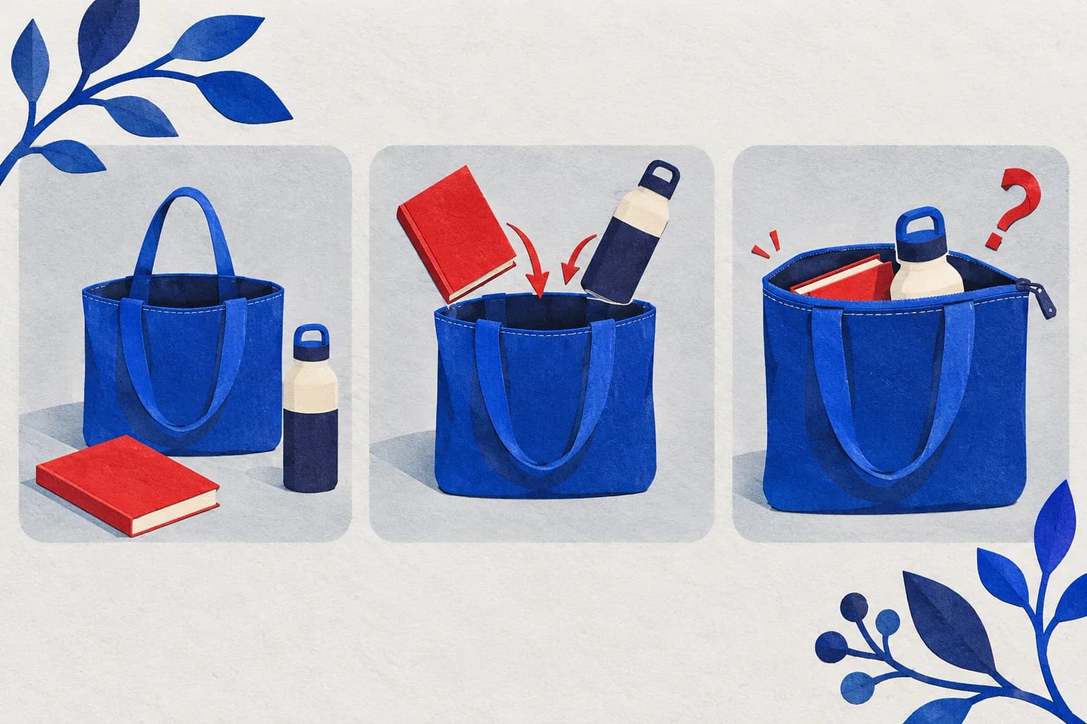 Three blue tote illustrations show a book and bottle beside the bag, moving inside it and packed beneath an open zip, with a red question mark.