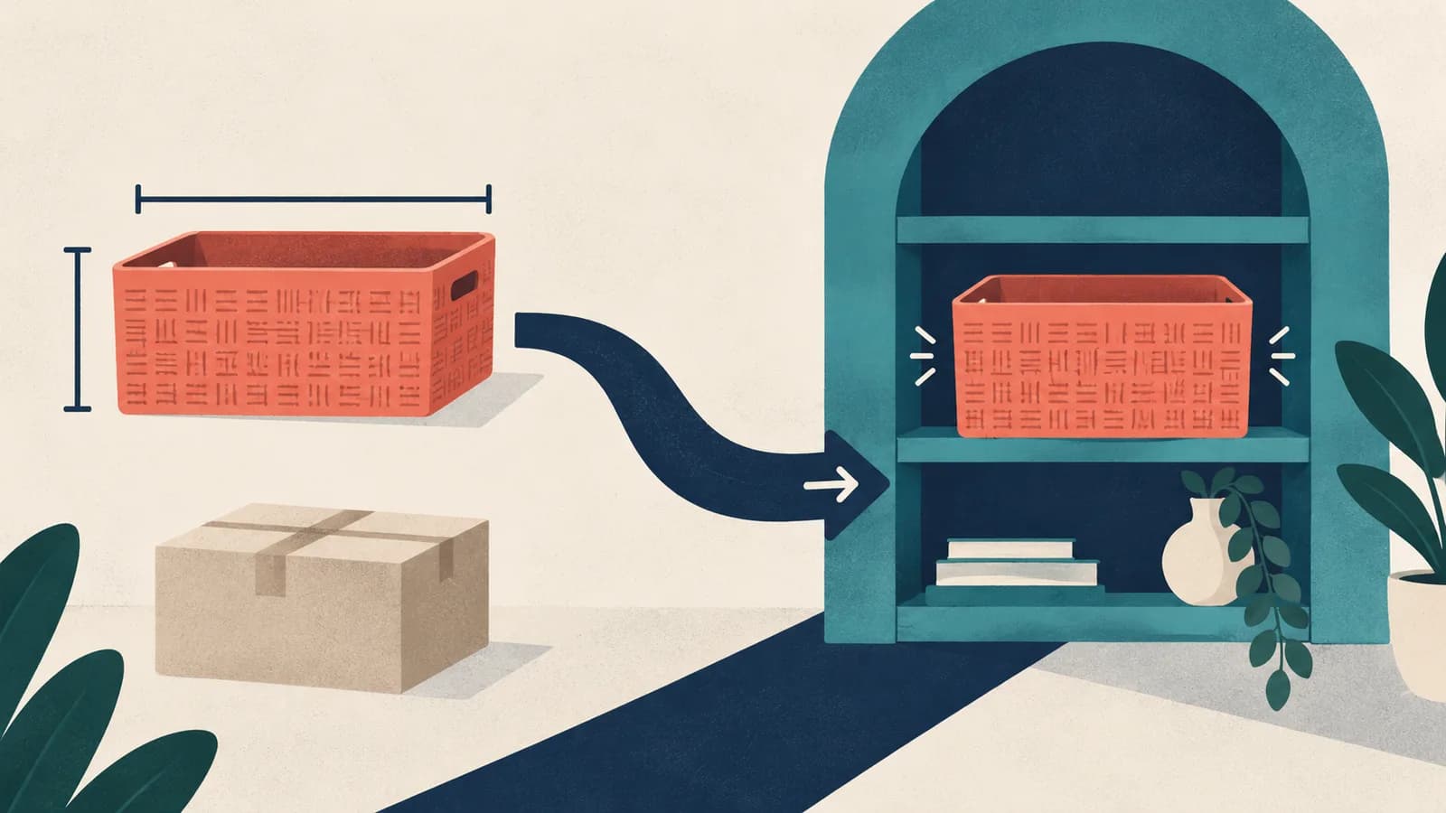 Dimension brackets surround a coral basket, with a navy arrow leading to the basket on a teal shelf and a separate parcel below.