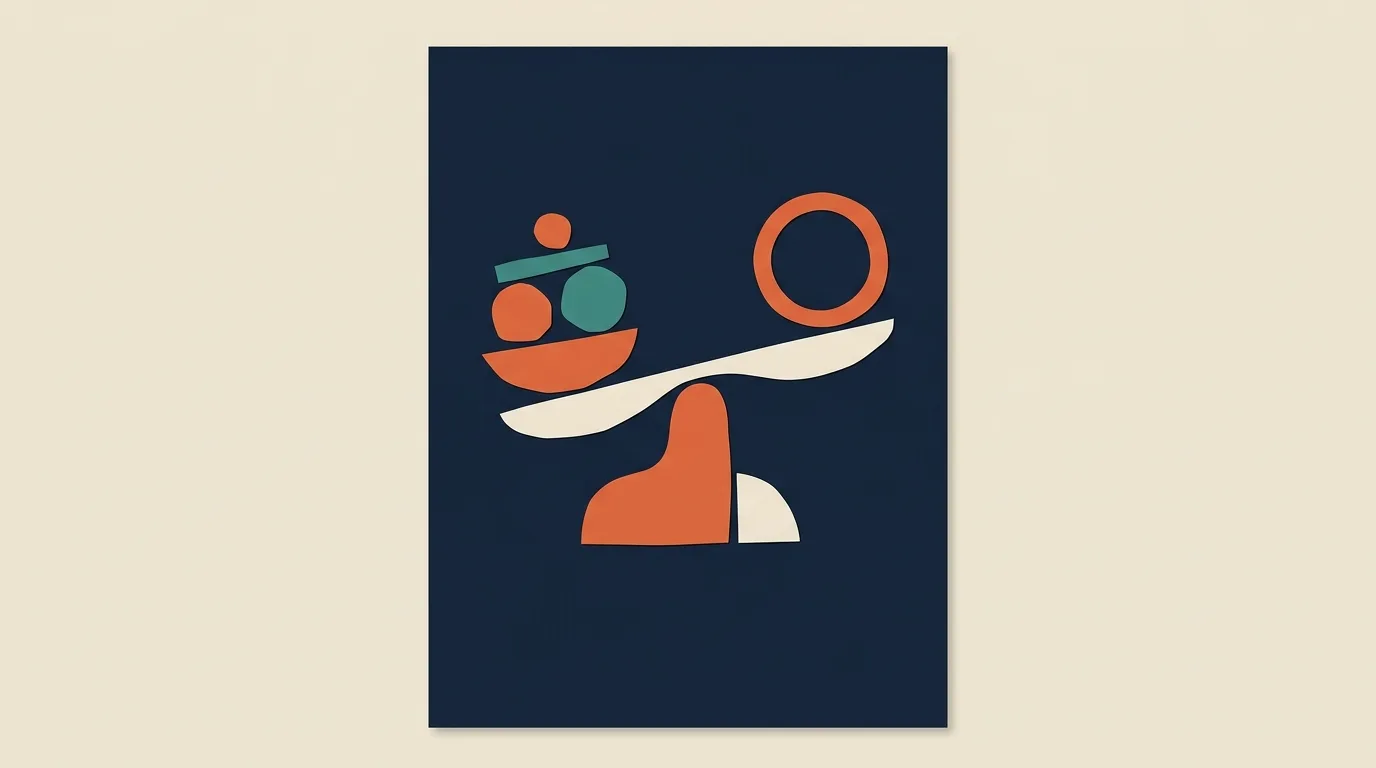 A balance supporting stacked shapes on one side and a ring on the other.