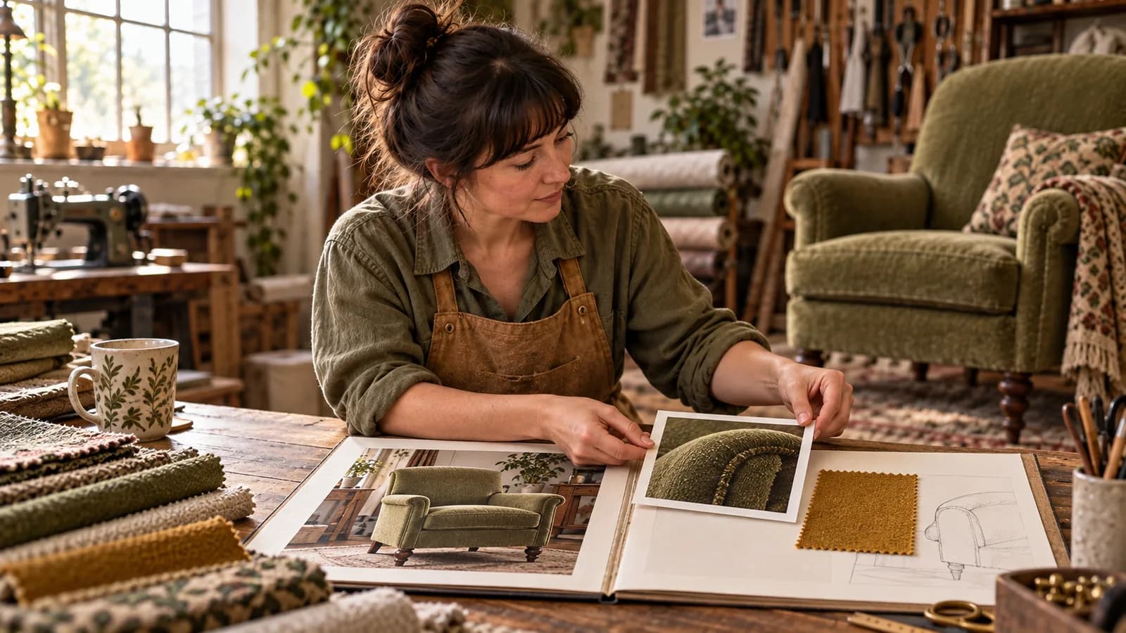 Eine Frau in einem olivgrünen Hemd und einer hellbraunen Schürze ordnet Fotos eines ganzen Sessels und eines Armlehnendetails in einer Projektmappe neben einer ockerfarbenen Stoffprobe und einer Sesselskizze an.