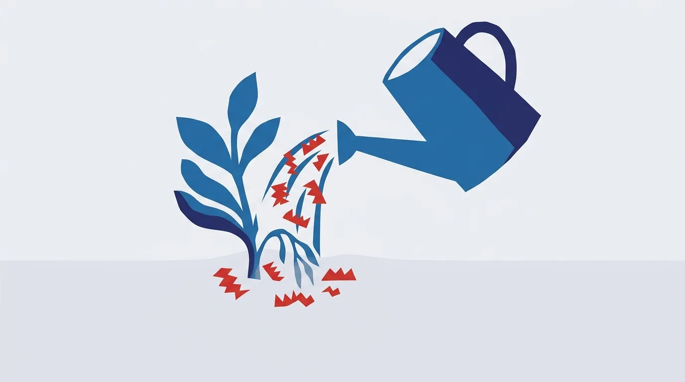 A blue watering can pouring small red symbols onto a plant.