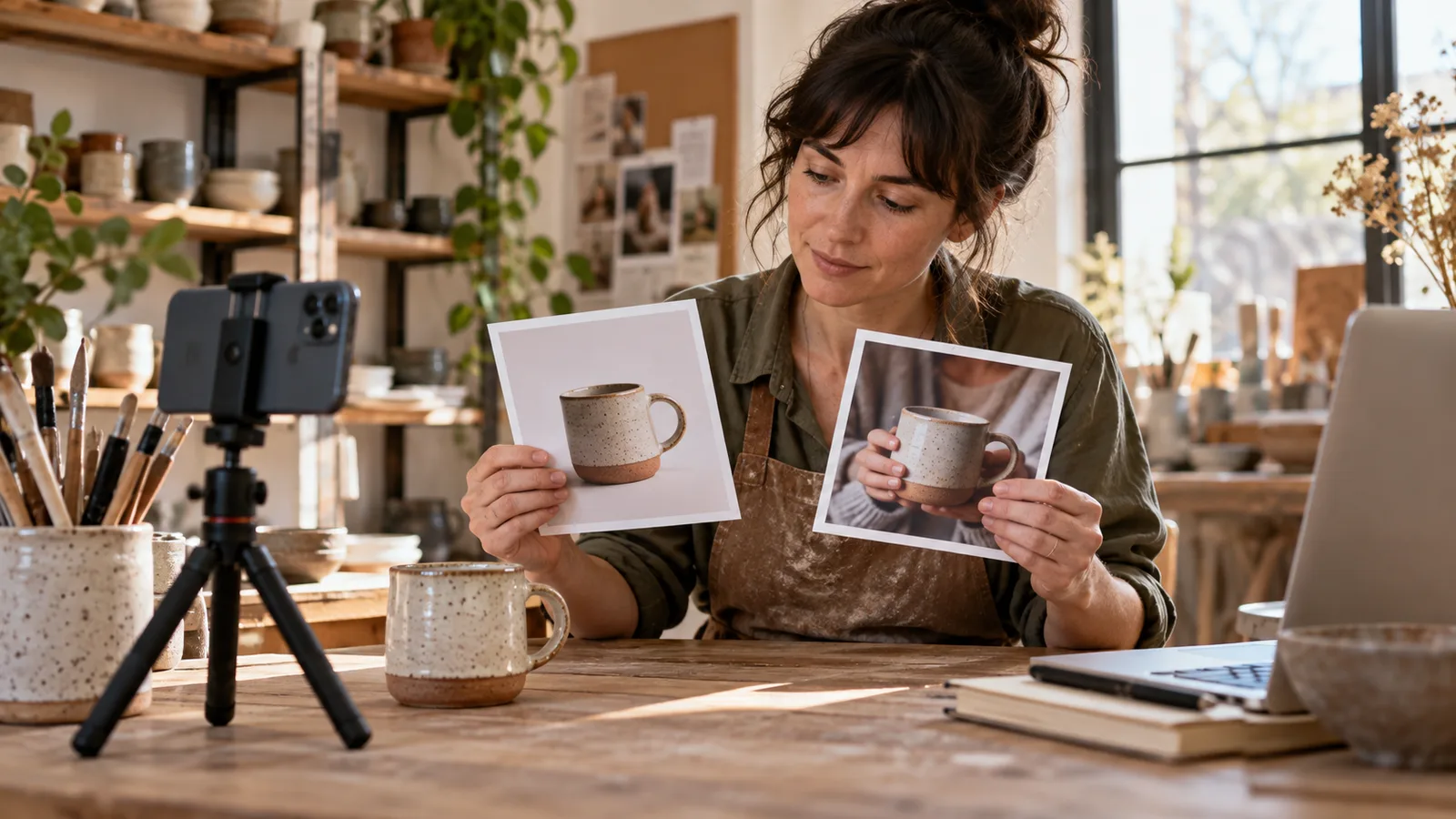 A ceramic-maker compares two photographs of the same mug before planning an ad experiment.