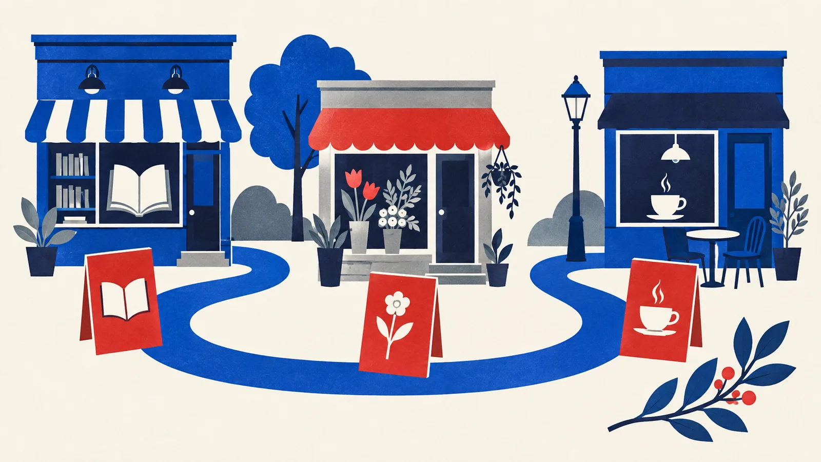 Geometric bookshop, florist and café connected by a blue pedestrian route on an ivory background.