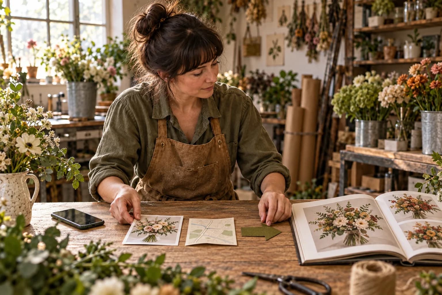 A fictional florist in an olive shirt and tan apron arranges a bouquet photograph, local map and green arrow beside a flower catalogue.
