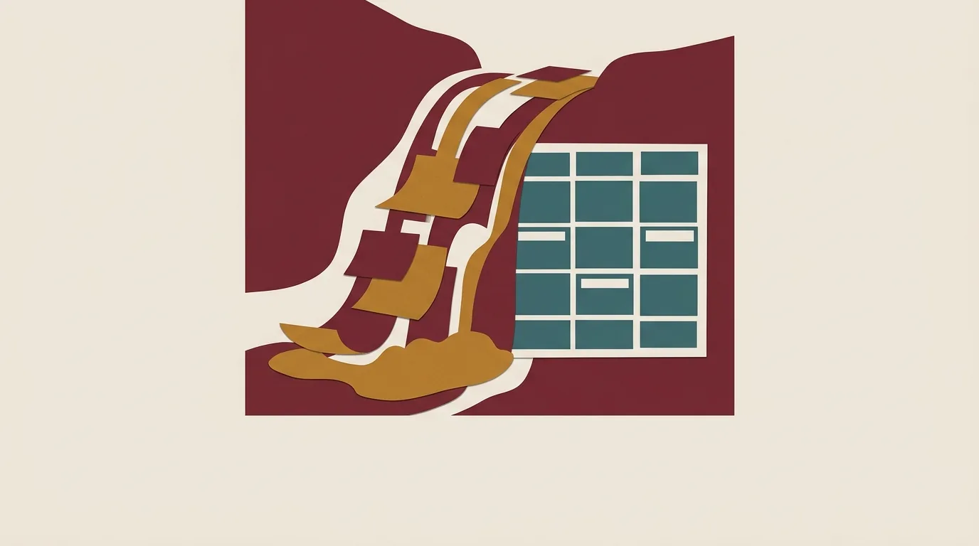 A burgundy and gold cascade falling beside a grid.
