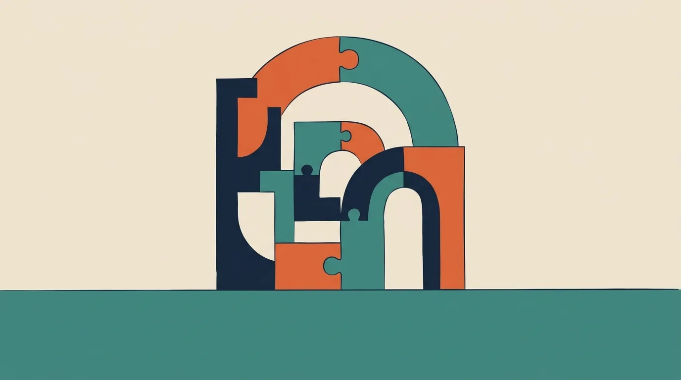 Interlocking teal, orange and navy arches.