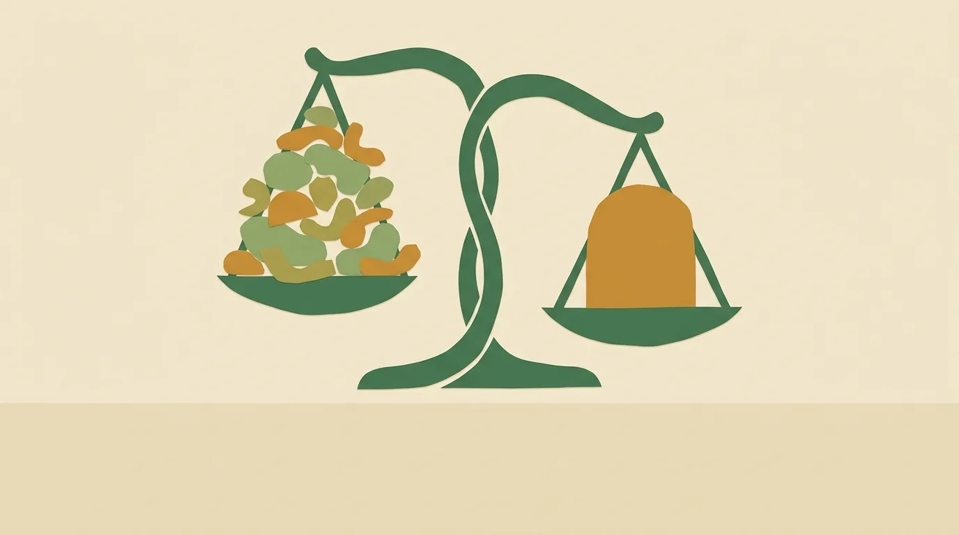 A green balance comparing many small shapes with one gold weight.