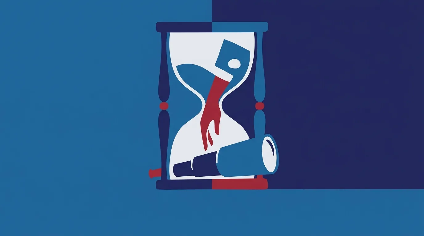 A blue hourglass containing red and white forms beside a rolled sheet.