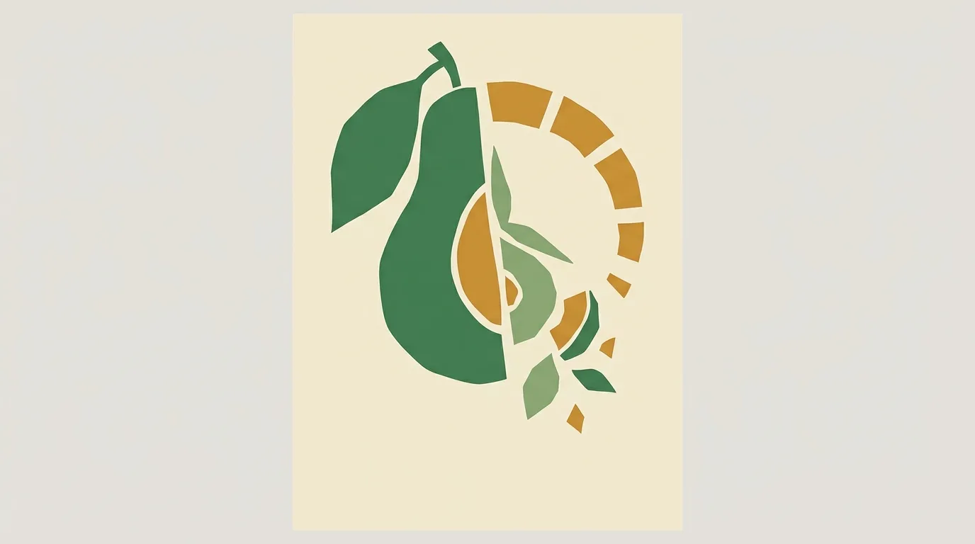 A green pear breaking into gold and green segments.