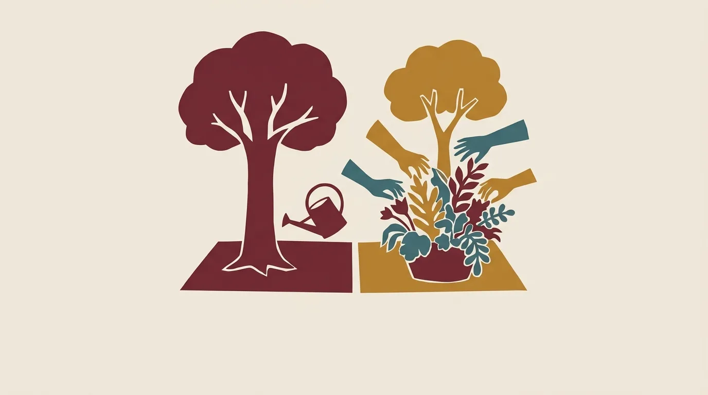 A burgundy tree and watering can beside a dense multicolored garden.