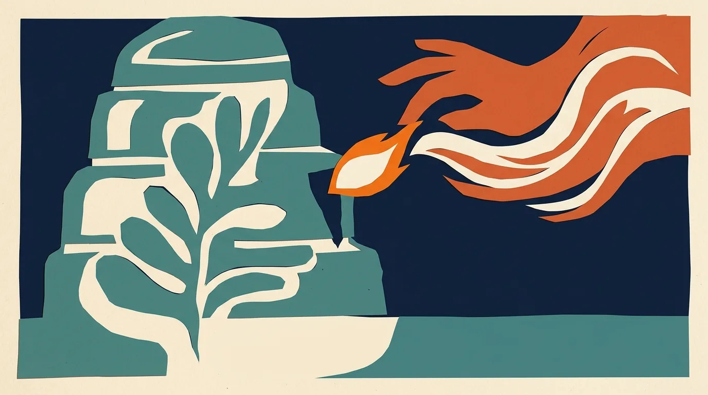 A teal layered vessel with leaves beside orange flame-like forms.