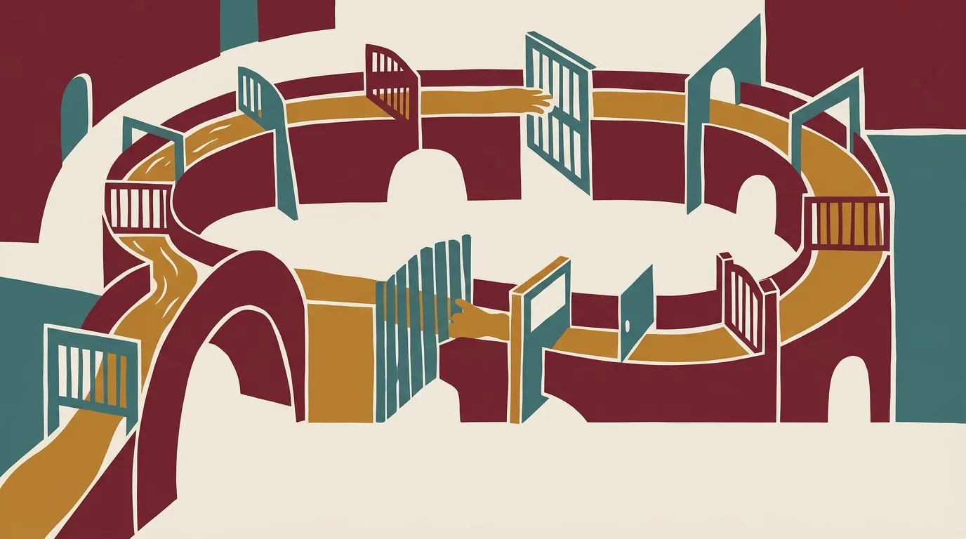A circular burgundy structure divided by gates and partitions.