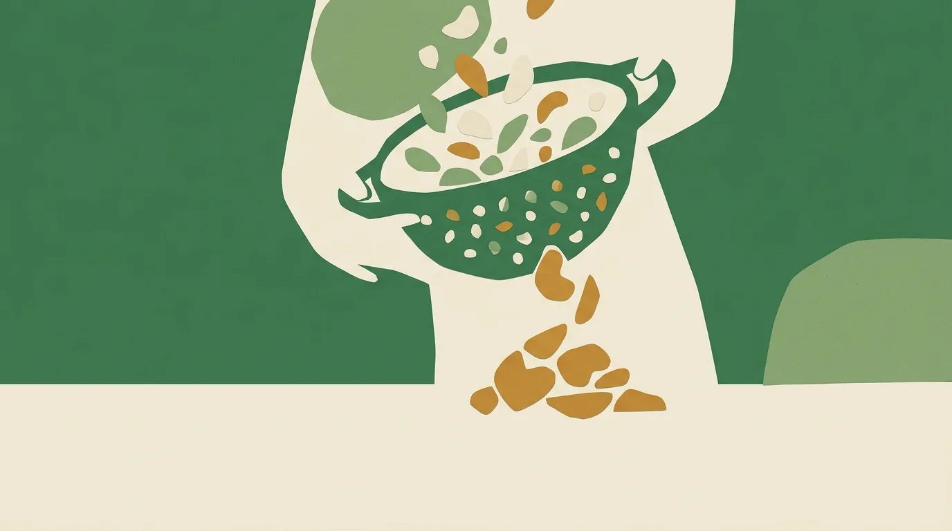 Hands holding a perforated bowl as gold pieces fall through.