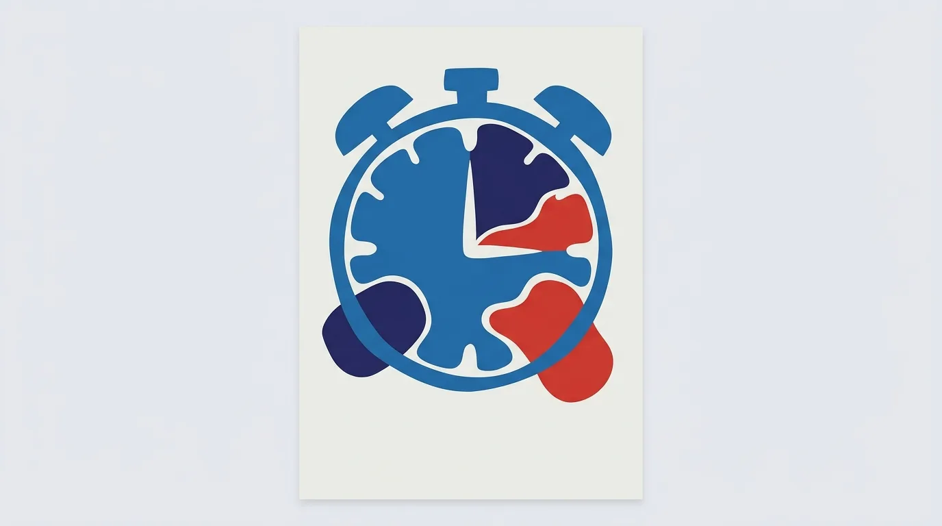 A blue stopwatch assembled from curved geometric pieces.