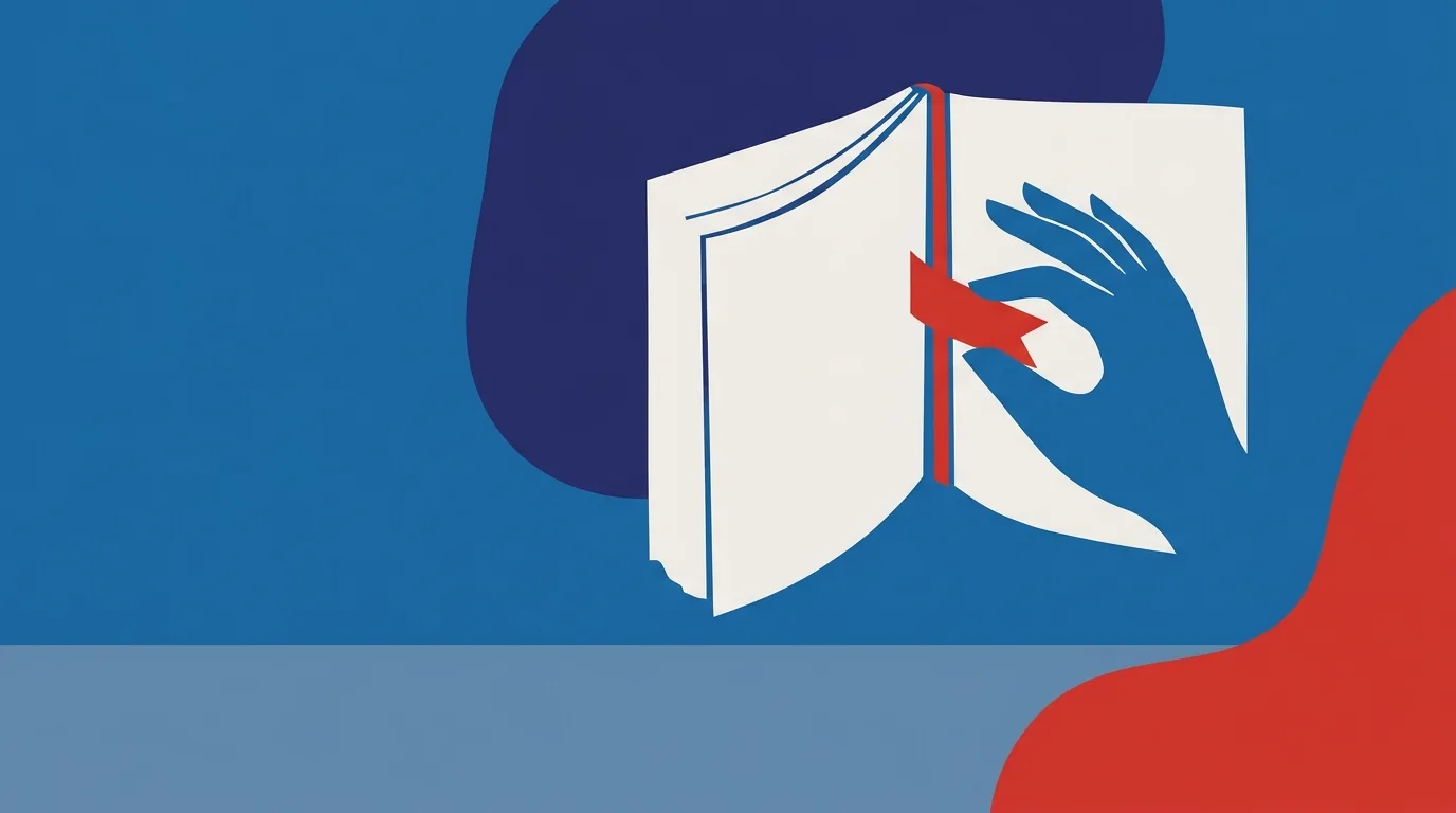 A blue hand inserting a red bookmark into an open book.