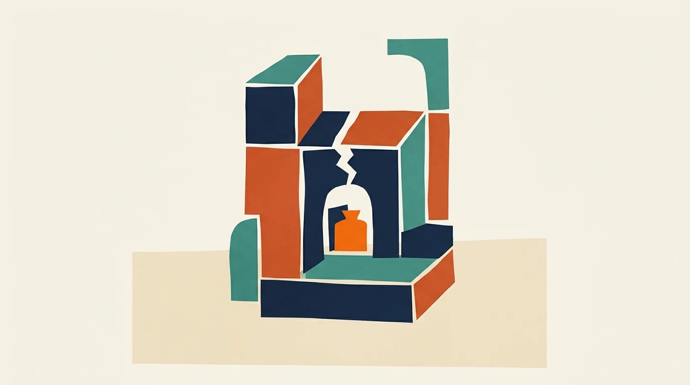 Colored blocks enclosing a narrow hourglass-shaped gap.