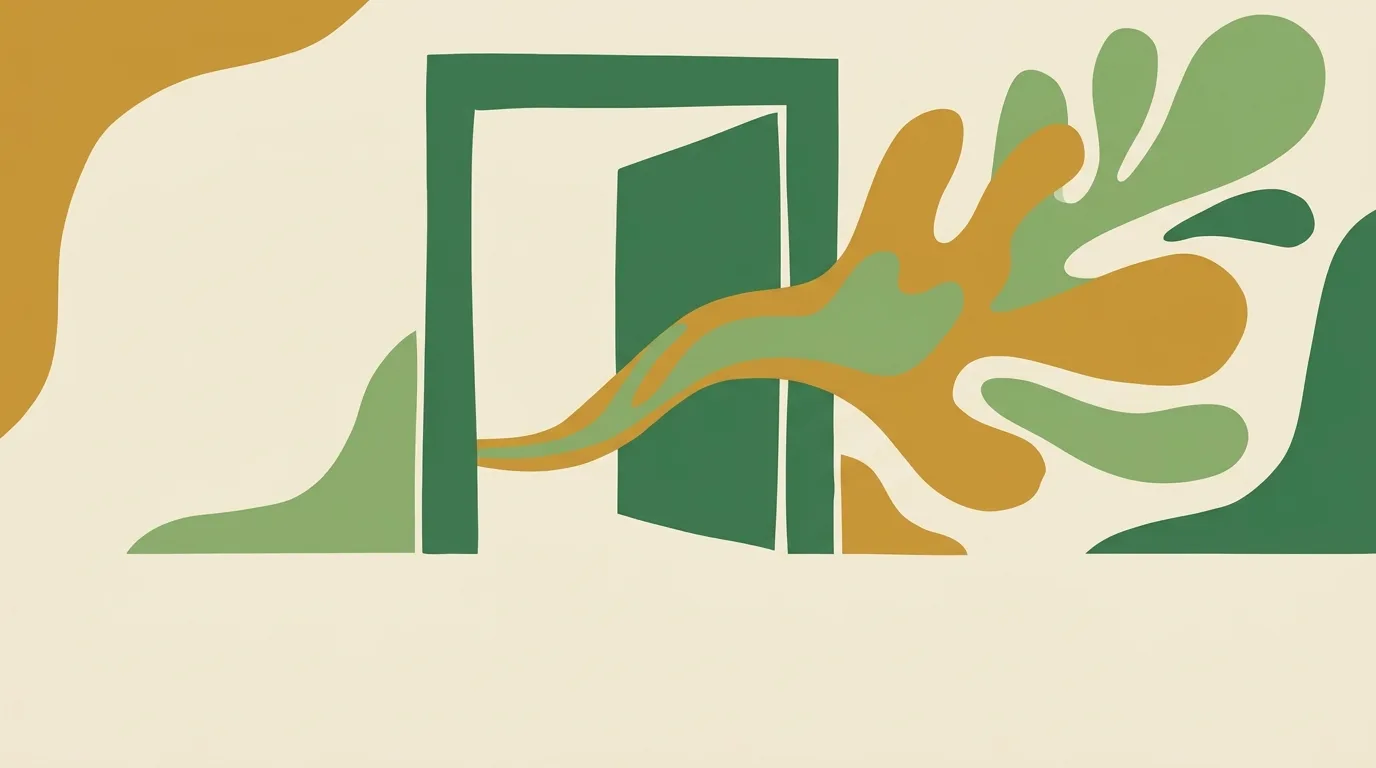 Gold and green streams spreading through an open doorway.