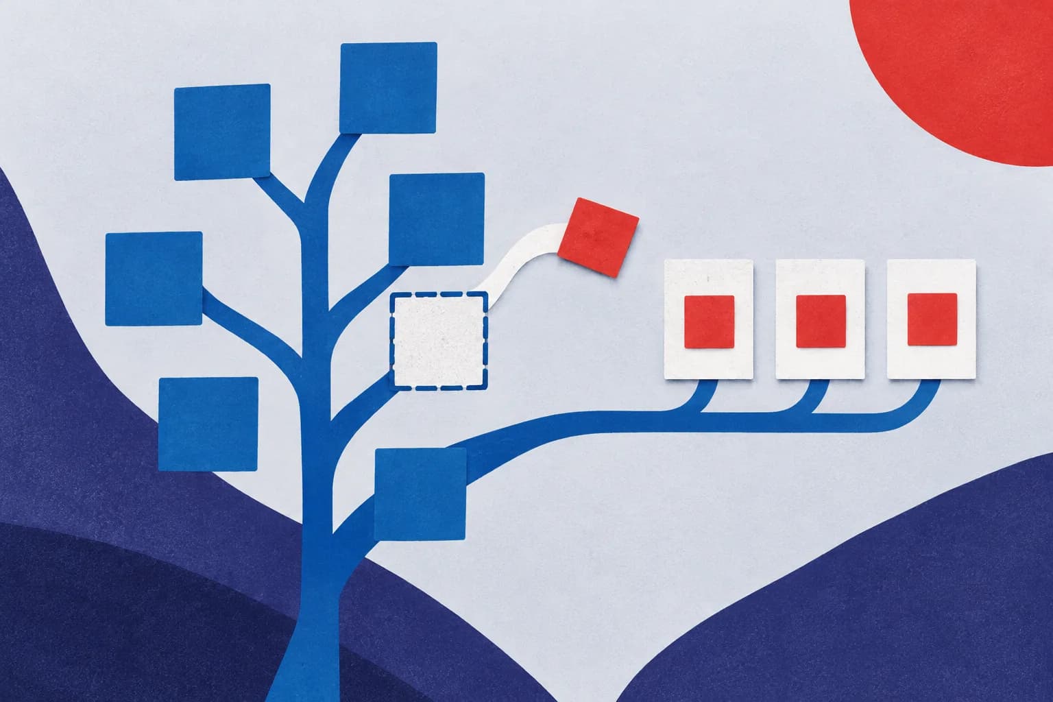 A blue branching shape has one empty square, linked to three paper cards repeating a red square.
