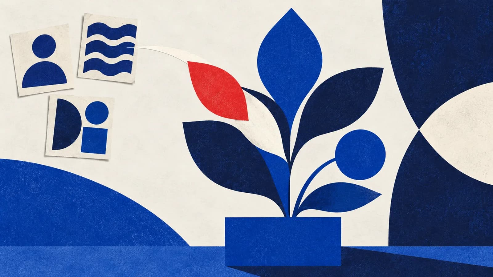 A red paper leaf joins a blue geometric plant while three patterned cards represent alternative creative templates.