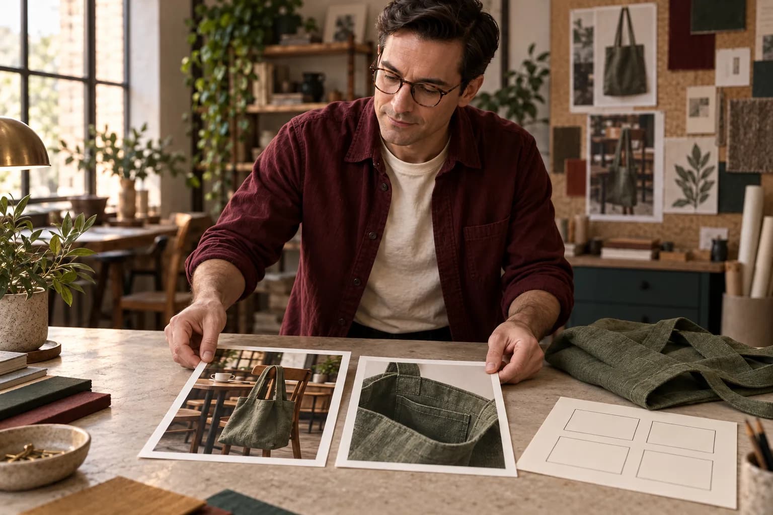 A man compares a photograph of a tote on a cafe chair with a close-up of its pocket beside the folded bag.