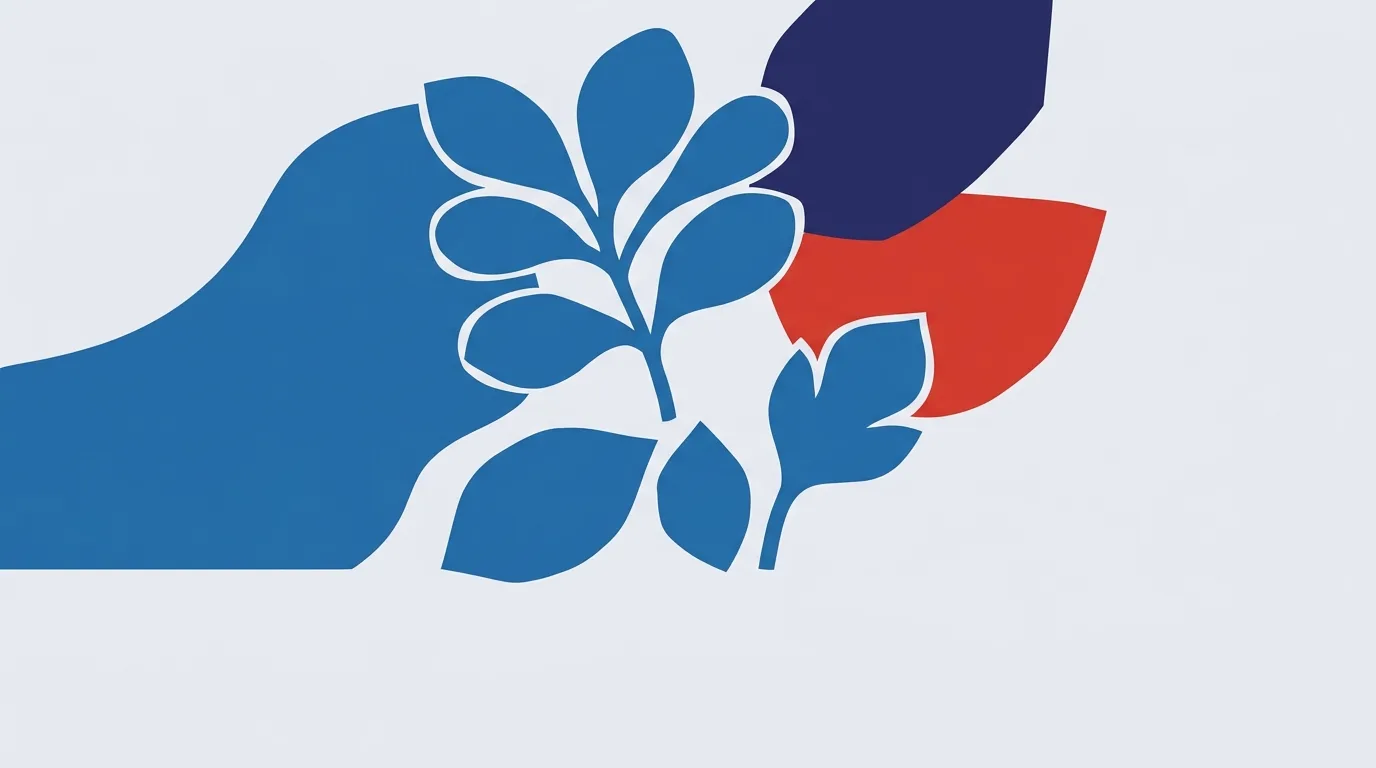 A blue plant with leaves against white, navy and red shapes.