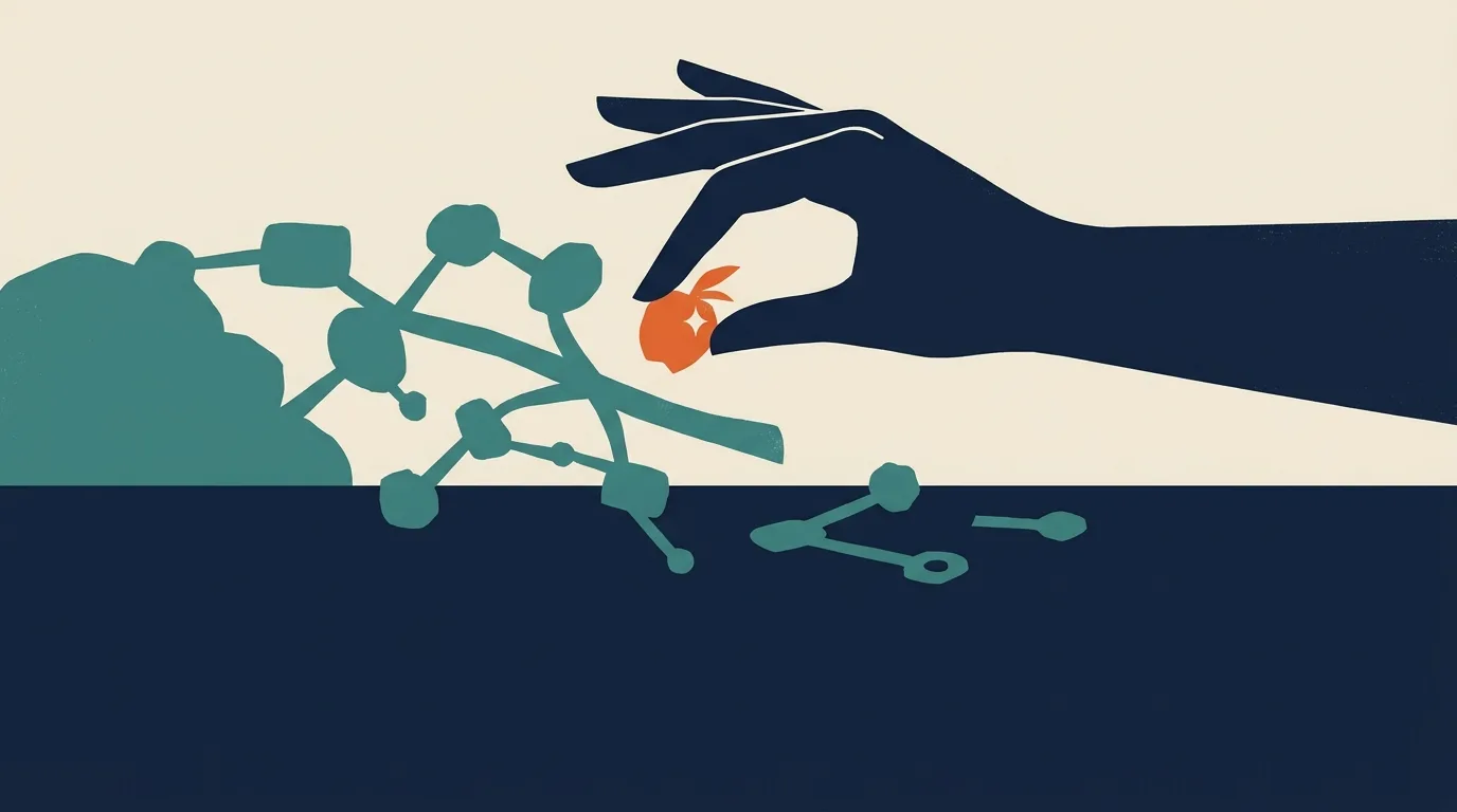 A hand placing an orange node into a teal branching network.