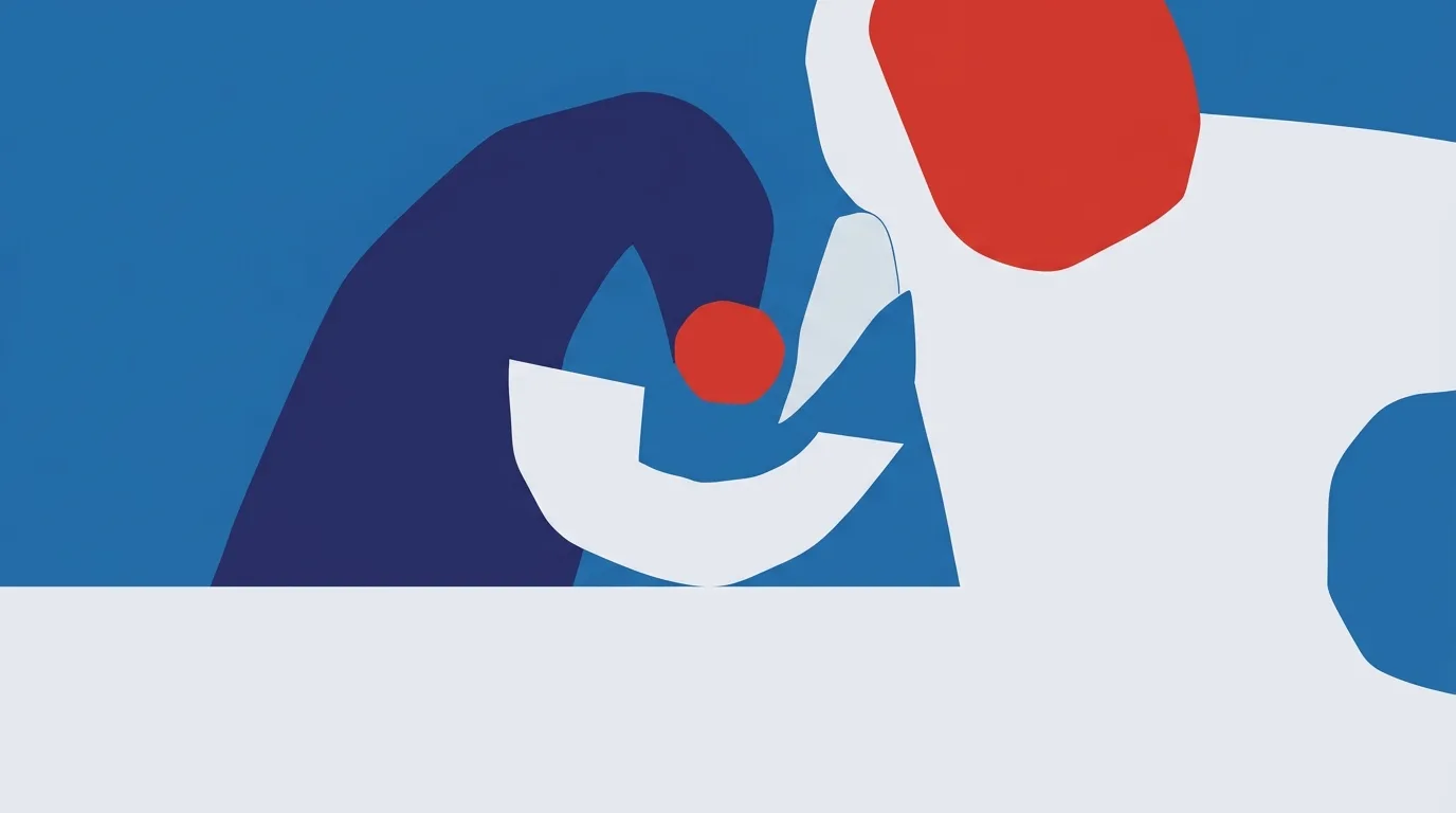Curved blue and white shapes surrounding a red circle.