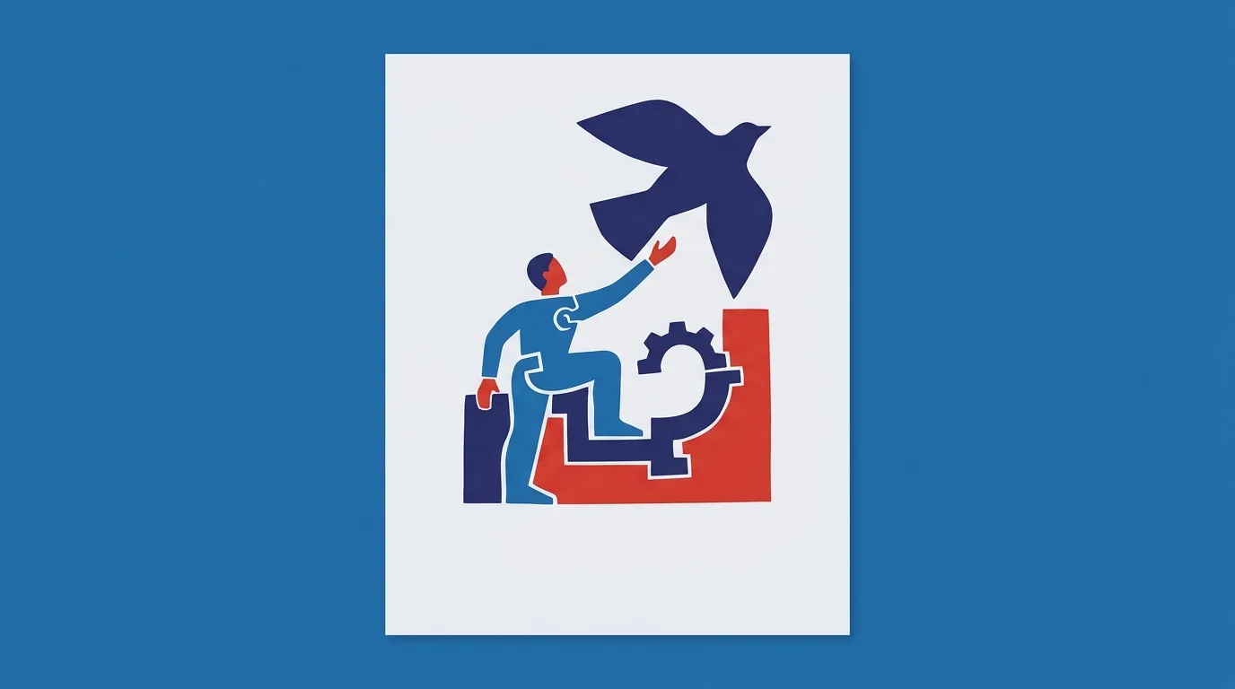 A small figure reaching from a platform toward a dark blue bird.