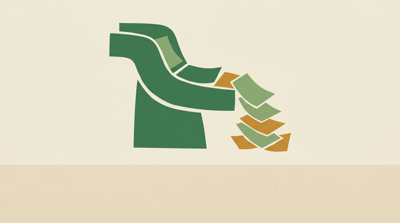 A winding green channel ending in scattered geometric pieces.