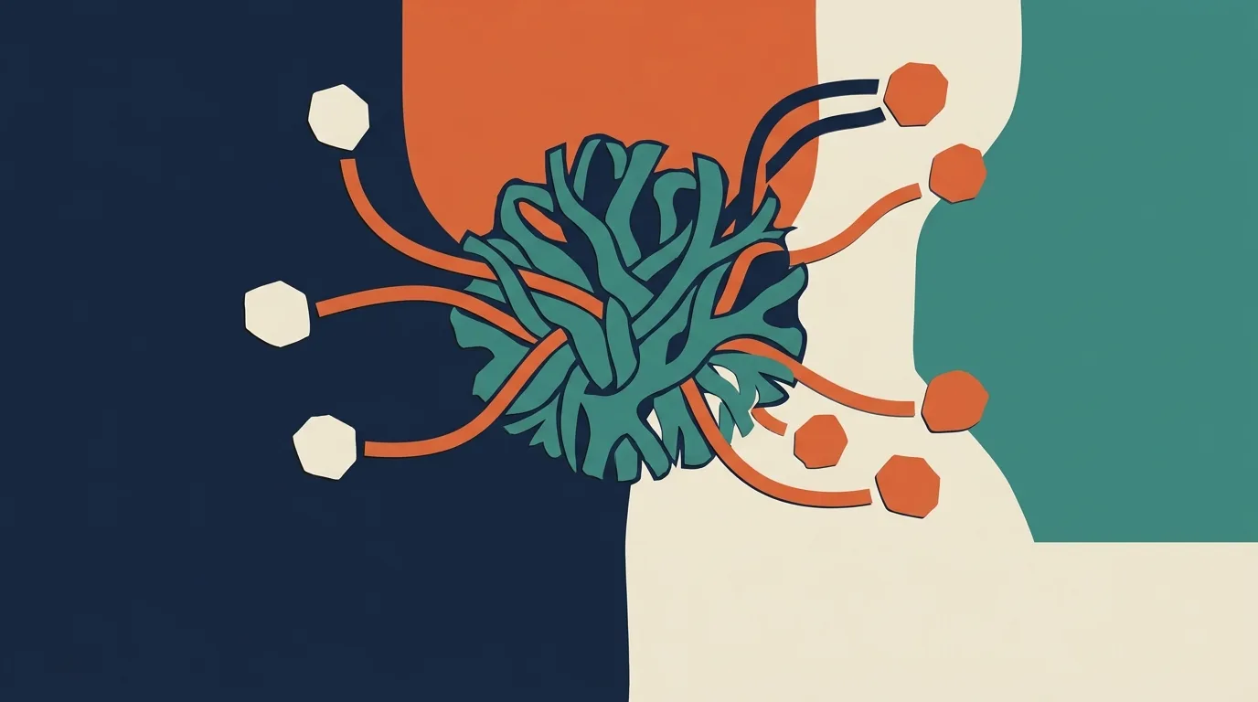 A tangled teal knot connecting colored nodes.
