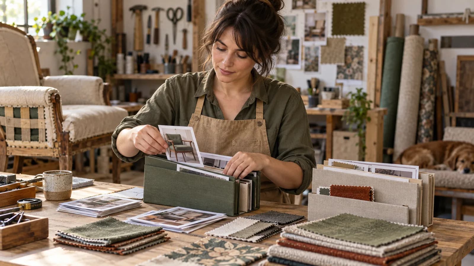 A fictional woman in an olive shirt and apron sorts workshop photographs and fabric samples into folders.