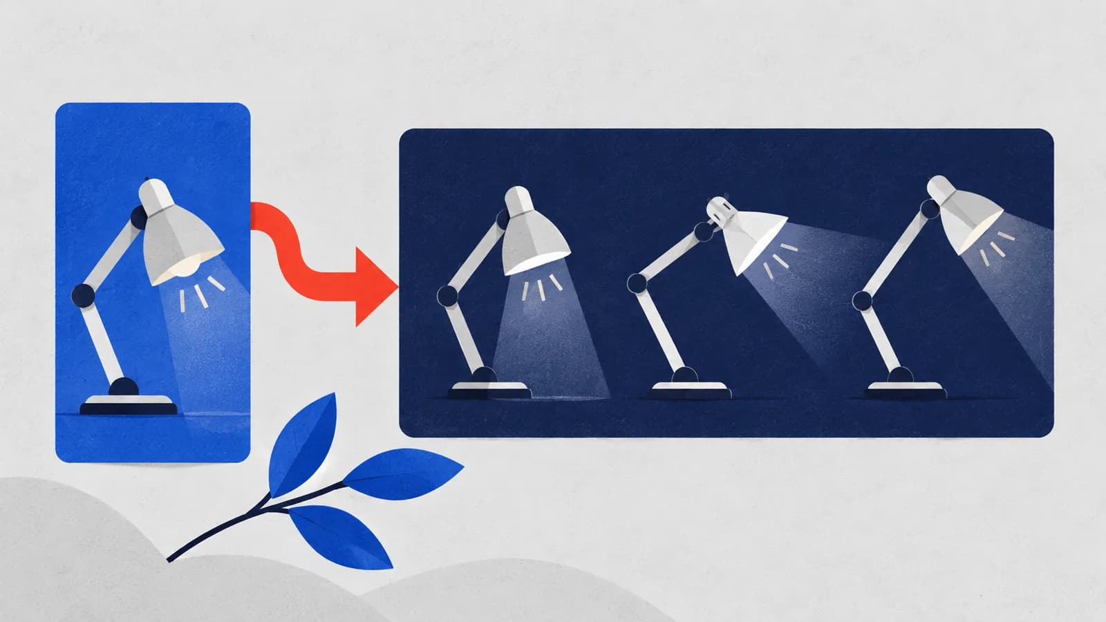 A red arrow connects a narrow blue card showing a desk lamp to a wider indigo card showing the same lamp in three positions.