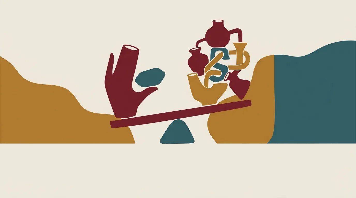 A balance comparing a single curved shape with a pile of colorful pieces.